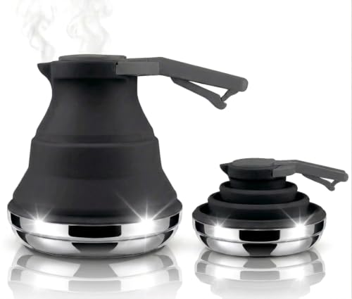 Image of Heather UK Collapsible Kettle Camping Foldable Camping Kettles 1.5L Silicone and Aluminium Gas Stove Top Folding Travel Portable Kettle for Holiday Caravan Large Black