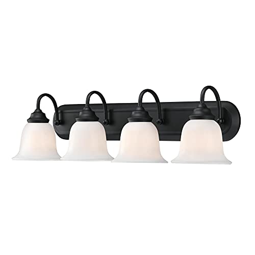 Image of Westinghouse 6117100 Harwell Traditional Four-Light Indoor Vanity Light Fixture, Matte Black Finish, White Opal Glass
