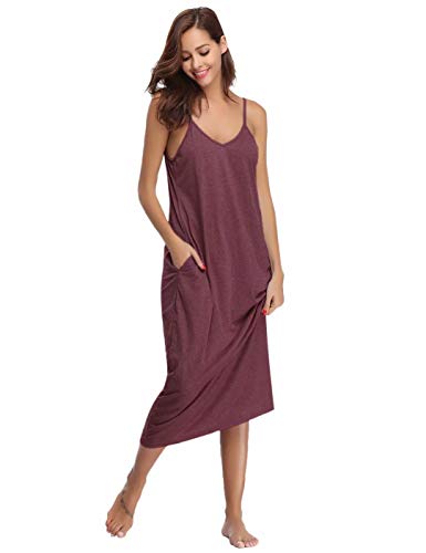 Aiboria Camis�n Largo Sin Mangas de Algod�n, Camis�n de Tirantes Mujer con Bolsillos Sin Mangas Correas Ajustables Ropa de Dormir