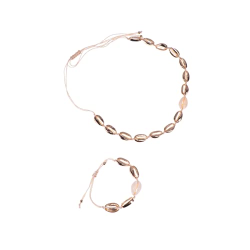 OATIPHO Juego De 2 Piezas gargantilla de concha pulsera para mujer pulsera de collar de cordón de playa oro - Collar con concha - Collar dorado collar de mujer pulsera de concha Golden