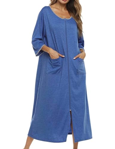 Image of Bloggerlove Zipper Front Robes for Women House Coat Half Sleeve Loungewear Long Nightgown with Pockets S-3XL