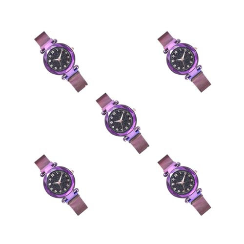 Mealoodiousmusea Lot de 5 montres avec boucle magnétique et bracelet en acier inoxydable Violet
