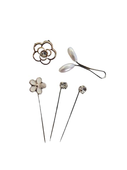 Image of White Flower Hijab Pin Set - Set of 5 Pieces for Scarf, Brooch, and Cute Pins for Hair Women Clothes Hijab Scarf Brooches,and Hair Accessories