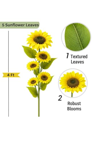 Image of Large Artificial Big Size Yellow Sunflower Single Stick 117cm Tall,25 cm Wide Real Look Full Bloom with Long Stem 5 Giant Fake Silk Sunflowers Floral for Vase,Home,Office & Party Decoration(Pack of1)