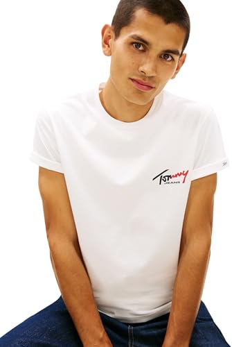 Tommy Jeans Herren T-Shirt Kurzarm Slim Sign Chest mit Logo, Weiß (Ecru), M – Ansicht 4