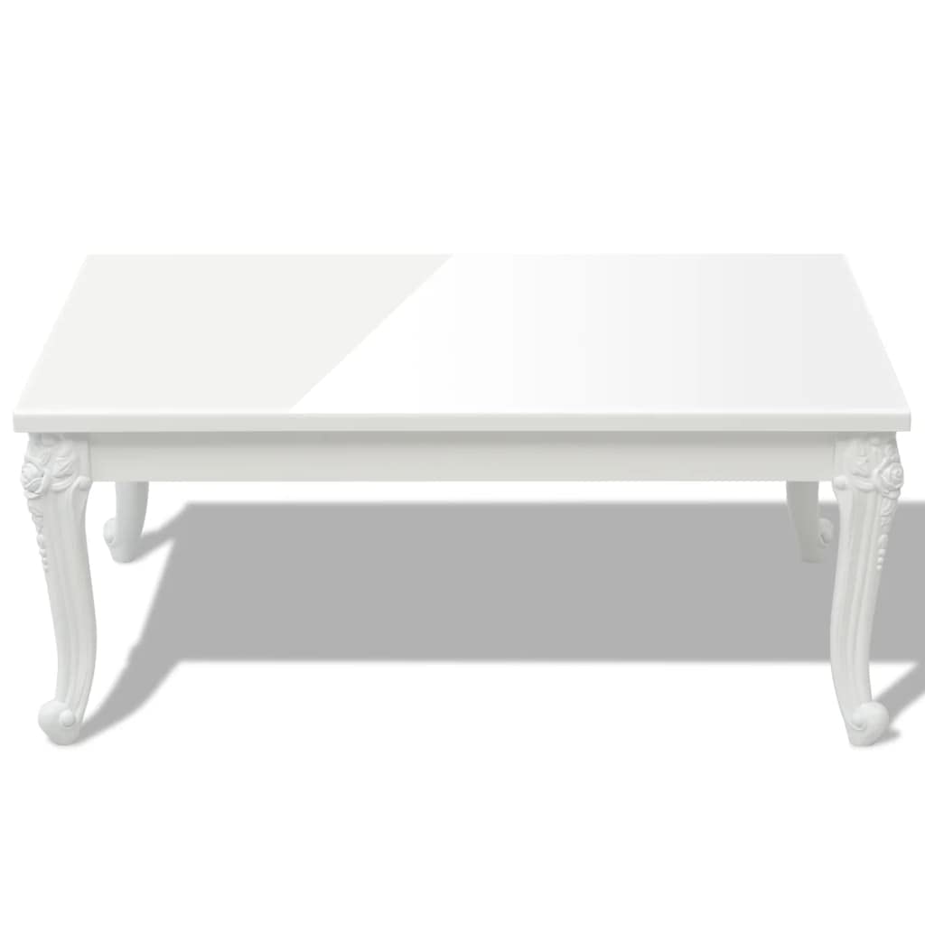 Générique Lakierowany stolik kawowy biały błyszczący 100x60x42 cm MDF | 4 stabilne nóżki z tworzywa sztucznego, wzór rzeźby drewnianej, łatwe do czyszczenia, do użytku w salonie lub jako dodatek