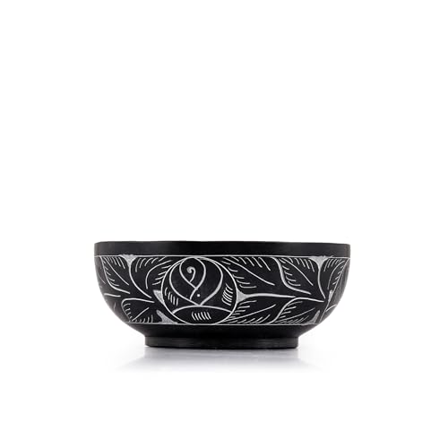 Kaizen Casa Hand Carved Natural Stone Smudge Bowl, White Leaf Design | Size 5' x 2' Black Ritual Bowl Display Jewelry Dish Kitchen Table Decor Gift