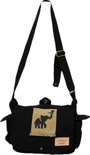 Image of Rough Canvas Cotton Messenger Sling Bag, (32x23x10cm, 7.5L) Medium Size. Patching with Elephant Design