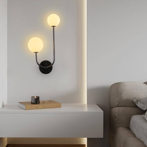 Image of Milk Glass Wall Sconce Black Wall Sconces Mid Century Modern Sconces Wall Lighting 2 Light Globe Sconce for Bedroom Living Room Hallway Wall Light Fixtures
