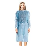 EZGOODZ Blue Disposable Isolation Gown. 10 Pack Disposable Gowns Medical with Cuffs, Sleeves, Back Ties. 45 GSM SPP Disposable Medical Gowns for Women and Men. Unisex Disposable Surgical Gowns