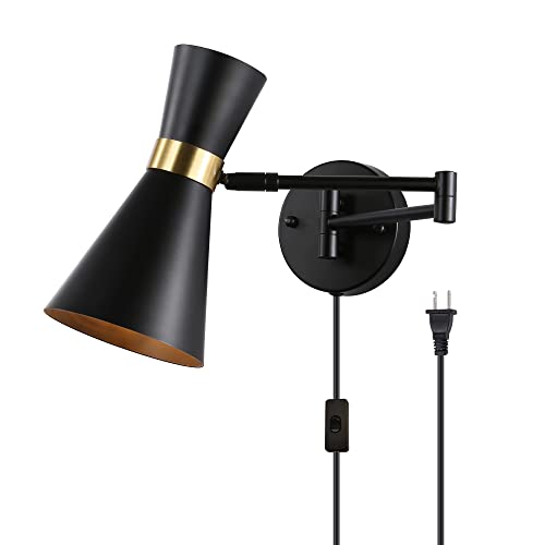 Image of SUNLLOK Modern Black Swing Arm Wall Sconce with Plug in Cord - Rustic Adjustable Ceiling Hanging Wall Light Fixture - Industrial Indoor Metal Reading Wall Lamp Decoration for Living Room, Kids Bedroom