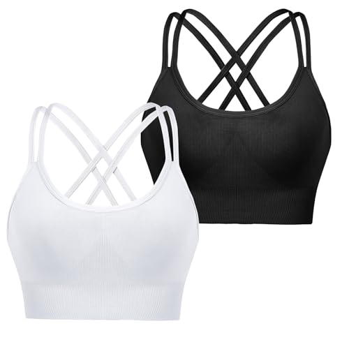 Leversic Sport BH Push up Cross Back Design Bustier Damen mit Gepolstert Ohne Bügel Damen-BHS mittelstarkem für Fitness Lauf Joggen, 315-Schwarz+Weiß, M
