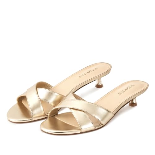 wetkiss Womens Heeled Sandals Open Round Toe Slip on Kitten Heel Mules Low Heel Slide Sandals for Women Cross Strap Backless Mule Flats Comfortable Summer Dress Heels