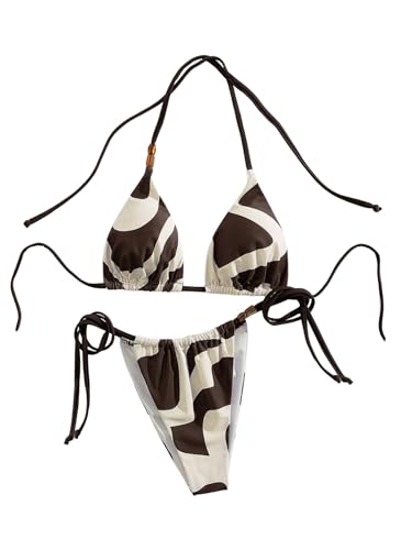 SOLY HUX Women's Two Piece Swimsuit Printed Halter Triangle String Bikini Set Tie Side Bathing Suit
