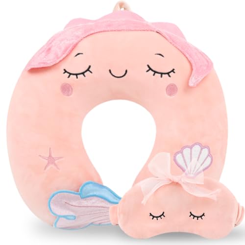 Image of Travel Pillow, Travel Accessories for Car Airplane Traveling, Soft Memory Foam Kids Travel Pillow with Sleep Eye Mask Kids Neck Pillow for Boys & Girls - Cute Pink Mermaid