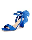 Coutgo Women's Bow Tie Heeled Sandals One Strap Chunky Heel Pumps Satin Ankle Buckle Dress Party Summer Shoes, Royal blue, Size 8