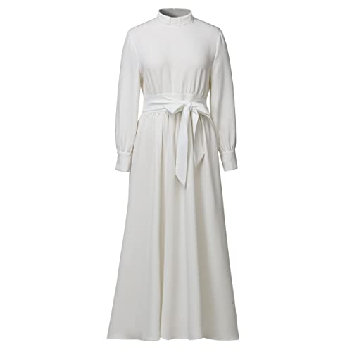 Image of CAMDOM Church Clergy Dress for Women Long Sleeve A Line Elegant Maxi Dress with Tab Insert Stand Collar and BeltA
