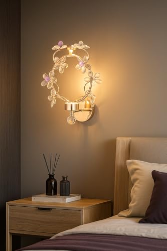 Image of blissbells Elegant Floral Crystal Wall Light - Decorative LED Sconce with Gold Finish for Bedroom & Living Room Ambiance (Crystal Flower Sconce)