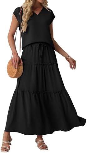 Lepunuo 2 Piece Skirt Sets for Women Flowy Maxi Skirts Cap Sleeve Tops Matching Sets Travel Vacation Outfits with Pockets