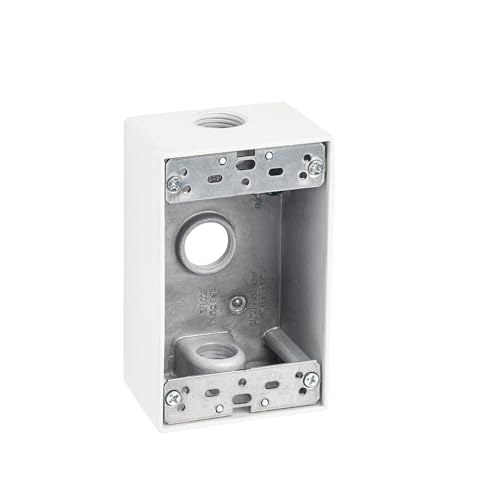 Sealproof 1-Gang 3 1/2-Inch Holes Weatherproof Rectangular Exterior Electrical Outlet Box with 3 Outlet Holes, Three 1/2" Holes, Single Gang, UL Listed, White