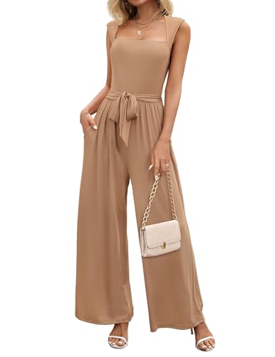 LOOKBOHO Jumpsuits for Women Dressy Sleeveless Square Neck Casual Belted
