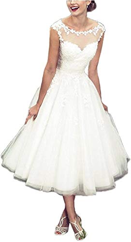 LDHZSS Elegante Y Retro Vestido de Novia Corto para Mujeres, Encaje sin Mangas, Blanco, 38