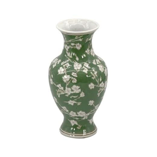 Galt International Floral Chinoiserie Ceramic Vase 14" - Green Sakura Hand Painted Antique Style Porcelain Flower Bottle Fishtail Porcelain Chinese Vase for Home Decor Centerpiece
