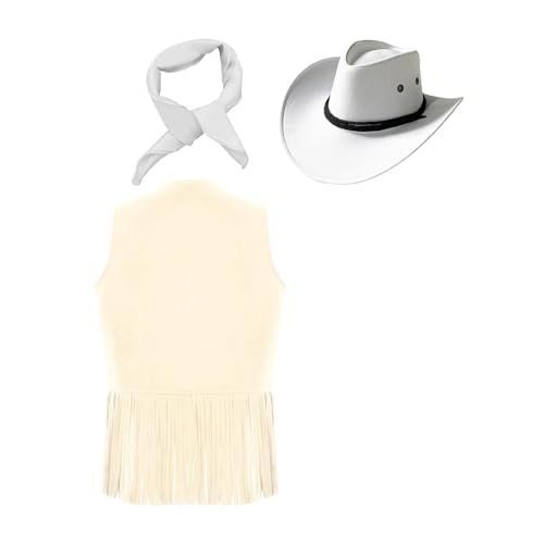 Moily Kids Girls Faux Suede V Neck Fringe Waistcoat with Cowgirls Hat Bandana Western Clothes2