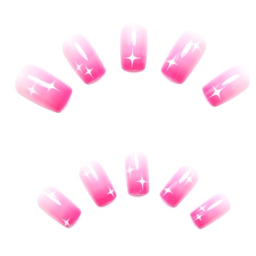 Red Pink Gradient Press on Nails Medium Square Fake Nails with Designs Star Stick on Nails Glossy Ombre False Nails Gel Pink Glue on Nails Short Acrylic Nails for Coquette Women Girls Manicure 24Pcs - Image 3