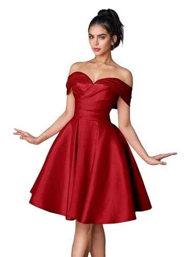 Off Shoulder Homecoming Dresses Short Satin V Neck Prom Dress Mini A Line Ball Gown for Formal Party Red US14