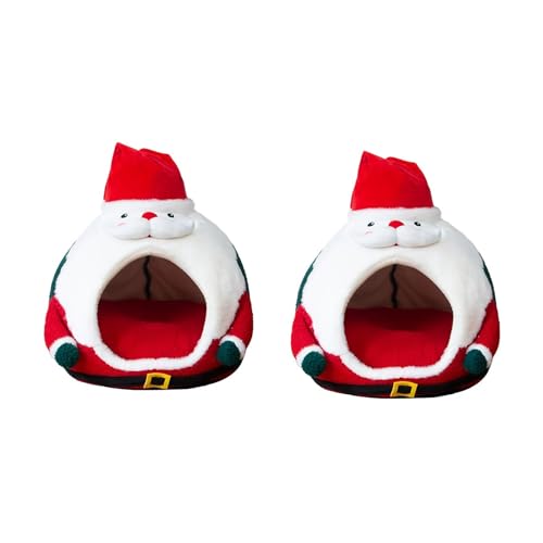 クリスマス猫ベッド サンタ&ファー付きジンジャーブレッドハウス風デザイン ソフト洗える素材と滑り止め底 室内猫への理想的なホリデーギフト(M 2pcs)