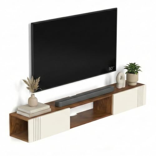 Image of Evara Engineering Wood Wall Mount TV Entertainment Unit Set Top Box Stand /TV Panel Cabinet Panel with Shelves for Books & Decor Display Unit, Handleless, 60 Inches (Classic Brown & White)