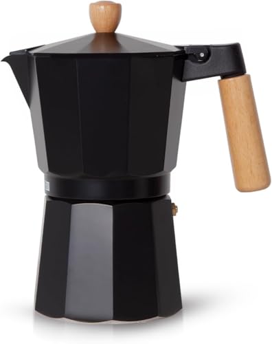 Image of Black Stovetop Moka Pot Espresso Maker with Wooden Handle & Knob Traditional Italian Aluminium Coffee Percolator with Safety Valve, Octagonal Design, Compatible with Gas & Induction Stoves