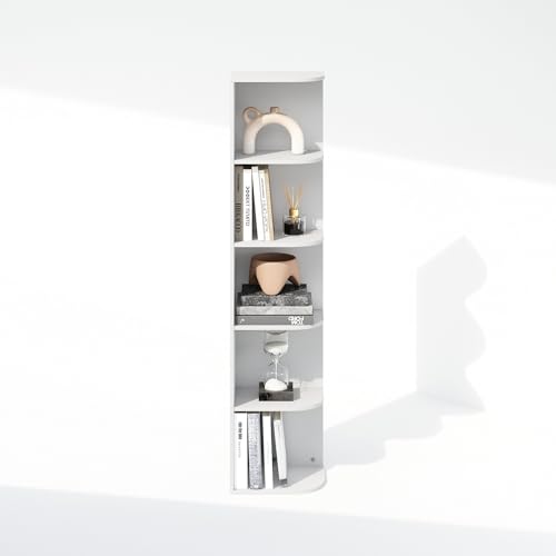 Image of Furinno Reed Corner Shelf, 5-Tier Corner Bookshelf, Book Shelf, Corner Shelves, Storage Rack, for Organization and Storage, Home Office, Living Room, White
