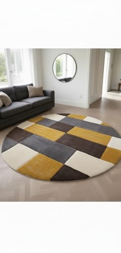 Image of Modern Shaggy Round Rug | Ultra-Soft Plush Circle Carpet for Living Room, Bedroom, Nursery | Fuzzy, Fluffy Area Rug with Non-Slip Base Yellow Multi 6x6 feet