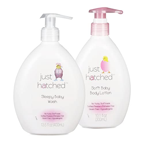 Image of Just Hatched Night Time Baby Routine Wash + Lotion Bundle - Gentle Calming Bath & Body Cleanser + Lightweight Moisturizing, No Yucky Stuff & Harsh Ingredients,13 fl oz + 10 fl oz (2 Variety-Pack)