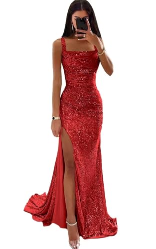 YYXRyyH Red Square Neck Formal Prom Dress Spaghetti Straps 2026 with Slit Sequin Sparkly Mermaid...