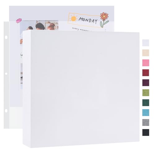 Mublalbum 12x12 Inch Large 3 Ring DIY Scrapbook Photo Album with 20 Plastic Sleeves 40 Pages Linen Cover Folder Binder for Baby Travel Wedding Anniversary and DIY Projects (White)