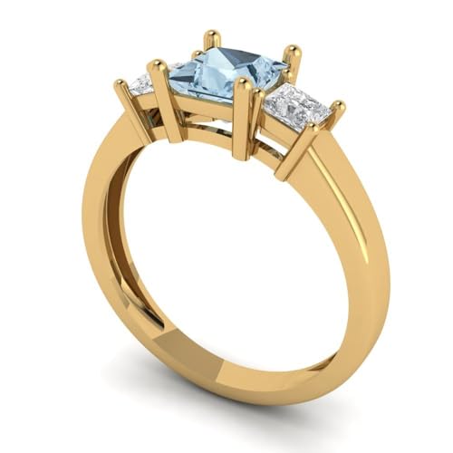 1.11 ct Princess Cut Natural Aquamarine 14k Yellow Gold Three-Stone Wedding Engagement Bridal Promise Ring2