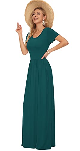 Image of AUSELILY Women's Summer Short Sleeve Loose Plain Casual Long Maxi Dresses | Year Round wear solid floral print, Casual wear, Empire waist, Floor length, Side pockets