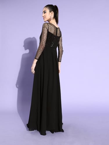 Image of Miss Chase Women's Round Neck Sleeve Embellished Fit Flare Maxi Dress