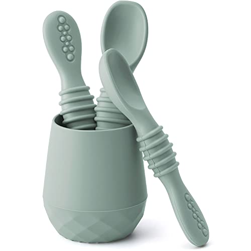 Image of SAMiGO Silicone Baby Utensils - Self Feeding Spoons and Tiny Training Cup - First Stage Baby Led Weaning Supplies for 6 Months+ Infants - Set of 4