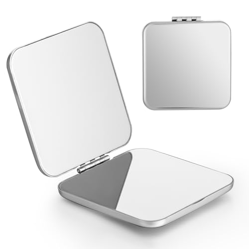 Dimeho Compact Mirror Travel Makeup Mirror Metal Pocket Cosmetic Mirrors Portable Handheld Beauty Mirror Folding Double-Sided Elegant Vanity Mirror for Men Women Purse(Silver-Square)
