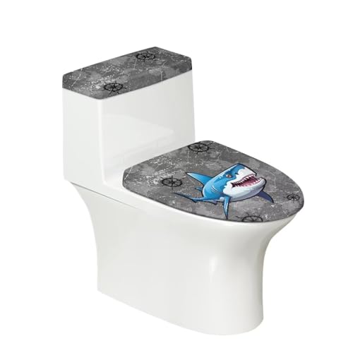 Dolyues Shark Toilet Lid Cover and Toilet Tank Lid Cover Set of 2 Pcs, Cool Animal Print Soft Toilet Cover Dust Cover with Elastic Edge Fits Most Size Toilet Lid and Toilet Tank
