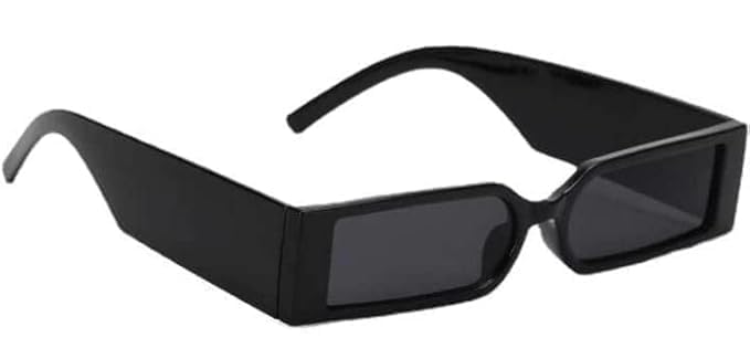 Image of Rectangular Sunglasses, Black Frame, Dark Grey Lenses, Retro Style-Men Women