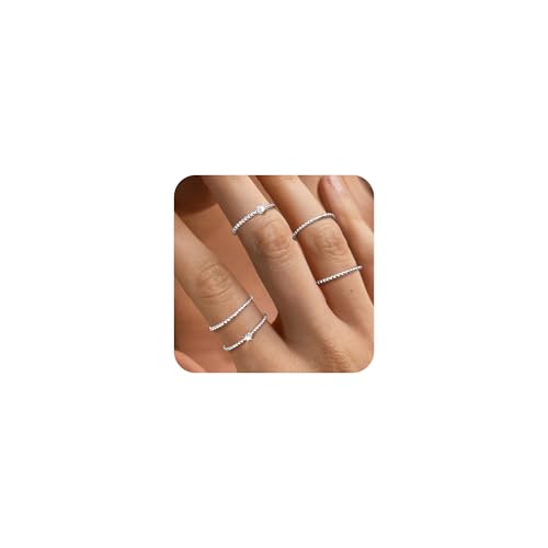Silver Rings for Women, Dainty Stackable Silver Plated Rings Adjustable Beaded Thin Eternity Bands Wedding Rings Band Ring Set Bands for Women Size 5-10in Christmas Gifts