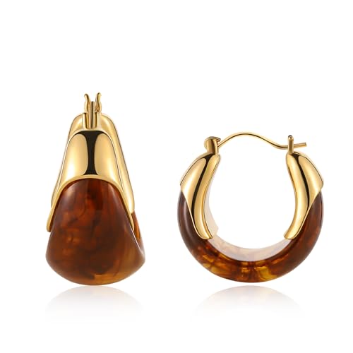 14k Gold Plated Amber Resin Hoop Earrings for Women Trendy, Hypoallergenic Chunky Gold Earrings Jewelry Gifts for Sensitive Earlobes