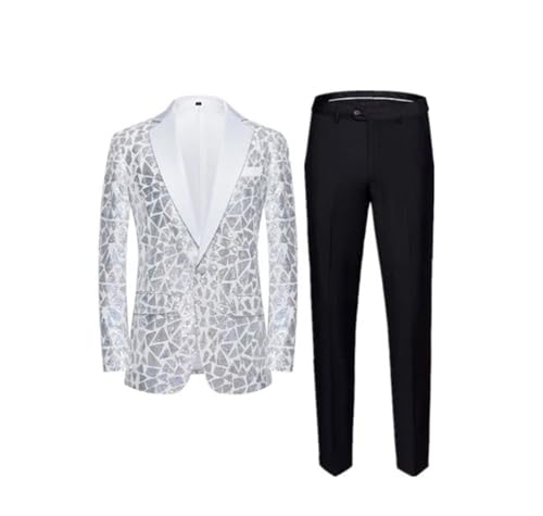 Men Irregular Sequin Suit 2 Piece Singer Host Dance Party Stage Performance Dress Blazer Pant A XXL