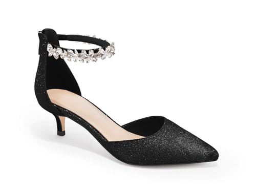 Image of Women's Wedding Rhinestones Low Kitten Heels Pumps Pointed Toe Dress Evening Shoes for Women Bridal Bride