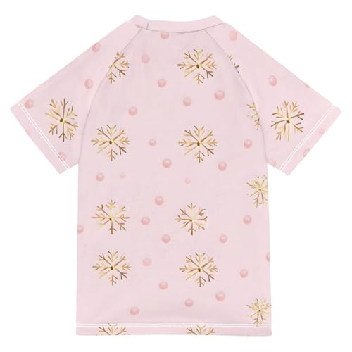 ALAZA Kids Rash Guard Girls Toddler Swim Shirts Short Sleeve Golden Snowflake Pink UPF 50+ 3T2